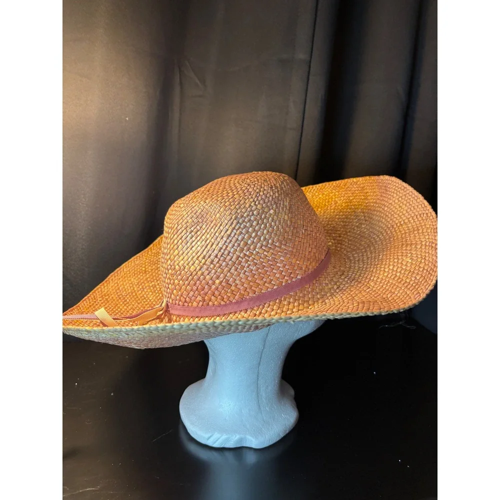 Betmar New York Woven Straw Sun Hat Wide Brim Purple Ribbon Tan Summer Beach